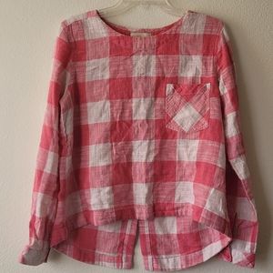 Anthropologie Pink White Gingham Check Shirt Cloth and Stone Button Back Linen